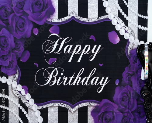 Canvas Print Colorful Happy Birthday postcard design with purple roses