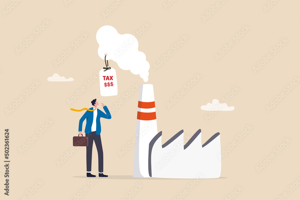 Carbon tax, CO2 cost of emission or pollution, charged for global warming, climate change and environment responsibility, businessman looking at tax charged price tax on smoke from factory chimney. Carbon tax, CO2 cost of emission or pollution, charged for global warming, climate change and environment responsibility, businessman looking at tax charged price tax on smoke from factory chimney.