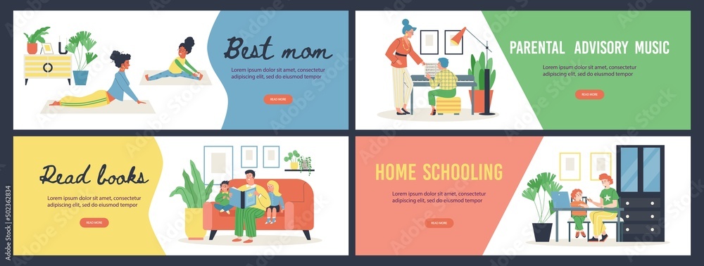 Banners with kids at home with parents following online classes, flat vector.