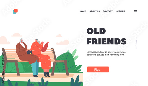Old Friends Chatting Landing Page Template. Couple of Elderly Ladies Sitting on Bench in Park or House Yard, Communicate