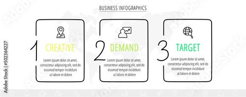Vector line infographics with 3 rectangles. Business concept graphic process template with three steps and labels. Graphic timeline for step by step, app, website, interface, chart, levels, web