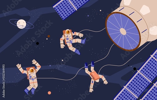 Three astronauts flying in outer space near cosmic station flat style
