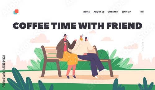 Coffee Time with Friend Landing Page Template. Old Women Outdoor Sparetime. Senior Female Characters Sitting on Bench