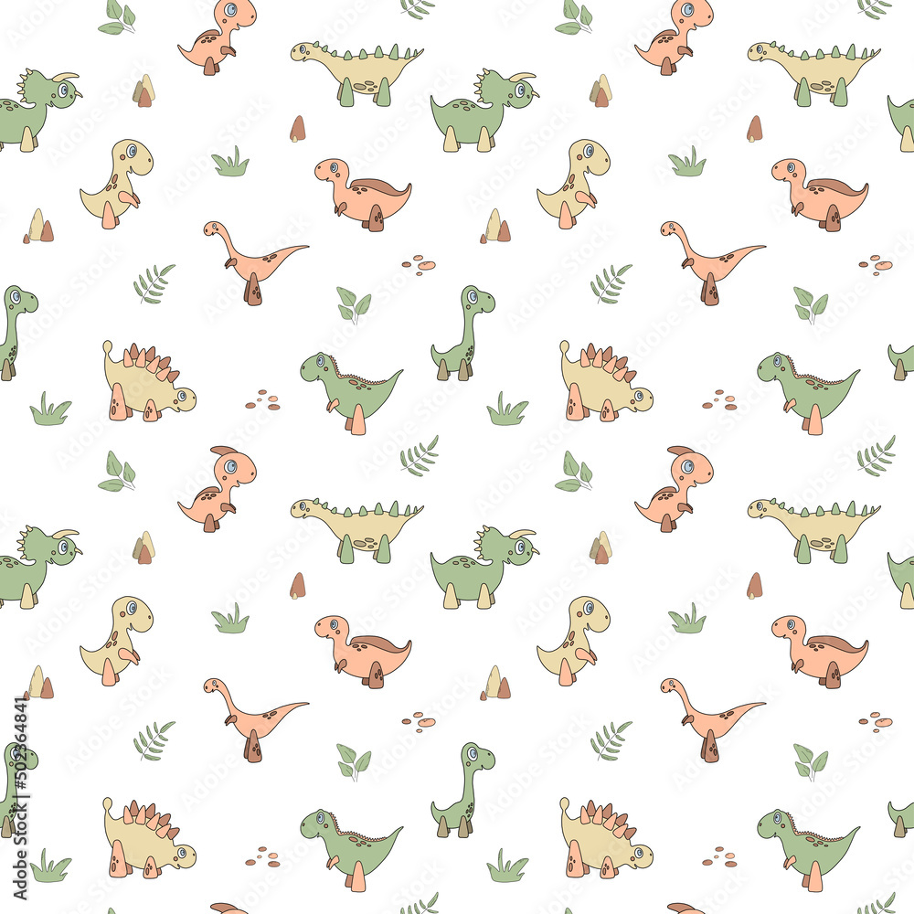 Seamless pattern with cartoon dinosaurs, leaves and stones. Vector illustration with cute children characters. For wallpaper, print, fabric, textile, kids room decor.