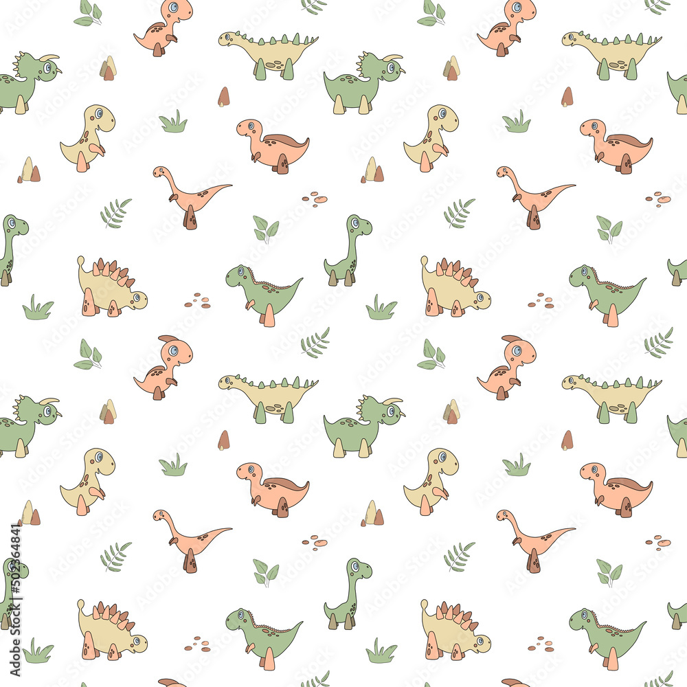 Fototapeta premium Seamless pattern with cartoon dinosaurs, leaves and stones. Vector illustration with cute children characters. For wallpaper, print, fabric, textile, kids room decor.