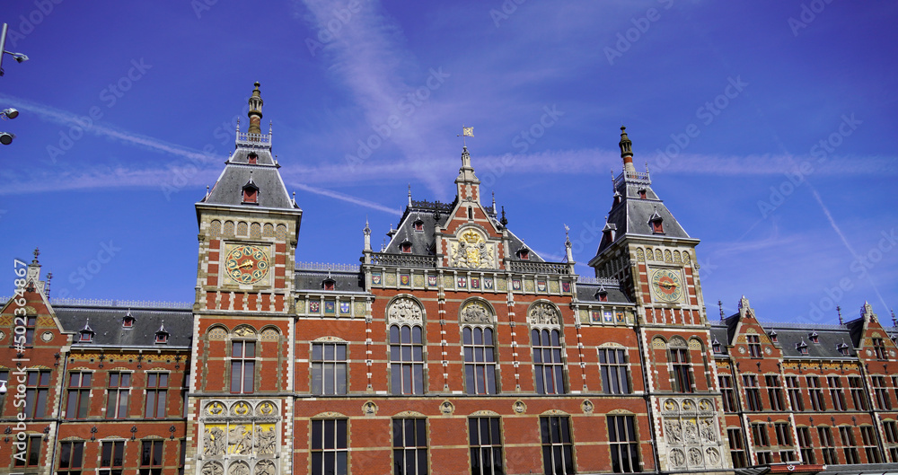 Historical building of the train station in Amsterdam, Netherlands.
