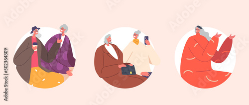 Set of Round Icons Senior Female Characters, Communicate, Chatting, Share Gossips. Old Friends Drink Coffee, Use Mobiles