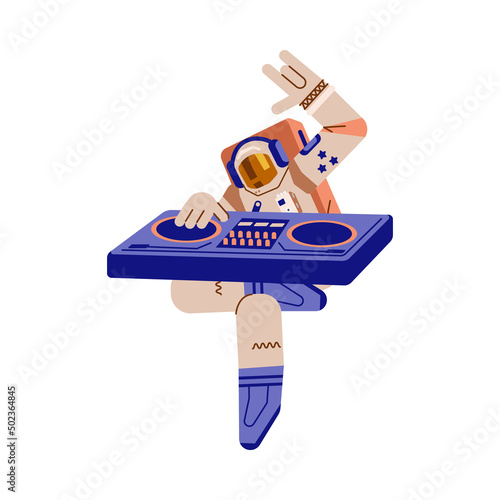 Astronaut dances and plays music on DJ mixing console in flat illustration