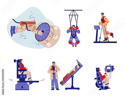 Astronauts training for flight in outer space flat vector illustration isolated.