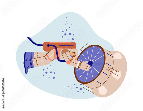 Astronaut trains, passes a physical activity test, vector flat illustration on white background.