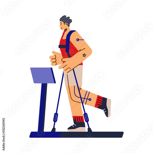 Man running on treadmill before going into outer space, flat vector illustration isolated on white background.