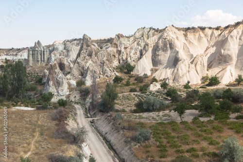 Cappadocia, a semi-arid region in east-central Anatolia, Turkey, Asia Minor. The fairy chimney rock formations, towers, cones, valleys, and caves