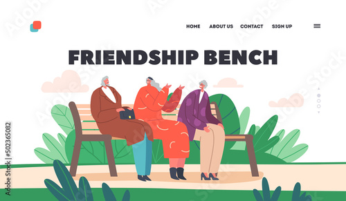 Friendship Bench Landing Page Template. Trendy Grandmothers Communicate on Bench. Senior Friends Sitting in Park