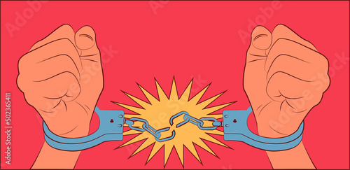 Two human hands, clenched into fists, break the handcuffs on them. Freedom concept. Retro style, line art, pop-art. Vector illustration.
