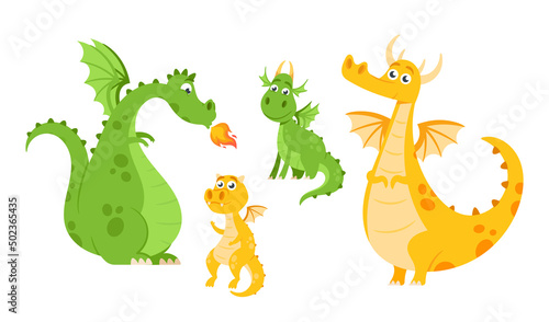 Set of Cute Dragons with Green and Yellow Skin. Fairytale Mythology Fire-breathing Amphibians and Reptiles With Wings