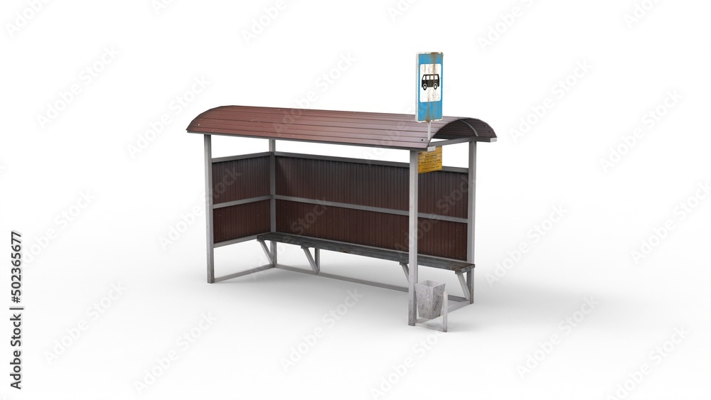 Old bus stop render on a white background. 3D rendering Old bus stop render on a white background. 3D rendering
