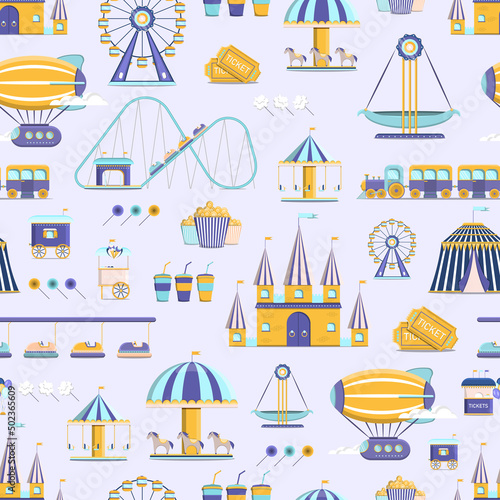 Pattern of amusement park. circus and fair with roller coasters, carousels, castle, hot air balloon. Vector illustration.