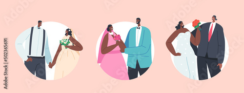 Set of Round Icons African Couples Wedding Ceremony, Contemporary Black Groom and Bride Characters Wear Festive Clothes