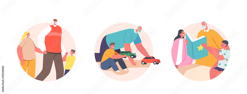 Set of Round Icons Children Visit Grandfather. Grandpa Playing, Read Book, Walk in Park Together with Grandchildren Set of Round Icons Children Visit Grandfather. Grandpa Playing, Read Book, Walk in Park Together with Grandchildren