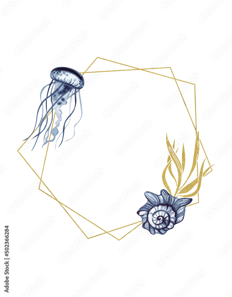 Polygonal frame with golden texture, watercolor jellyfish and an indigo shell. Invitations to the marine theme, postcards.