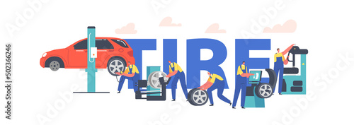 Workers Change Tires at Garage Concept. Characters Wear Uniform Mount Tyres on Car Stand on Lift at Mechanic Workshop