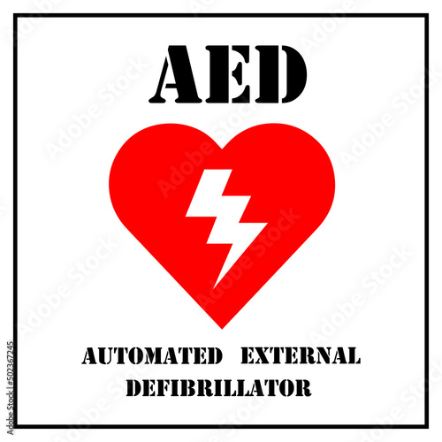 AED,automated external defibrillator / aed sign with heart and electricity symbol flat vector icon	
