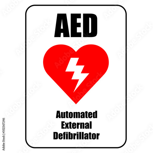 AED,automated external defibrillator / aed sign with heart and electricity symbol flat vector icon	
