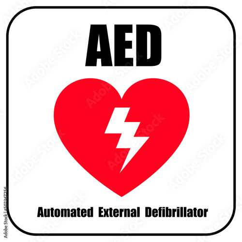 AED,automated external defibrillator / aed sign with heart and electricity symbol flat vector icon	
