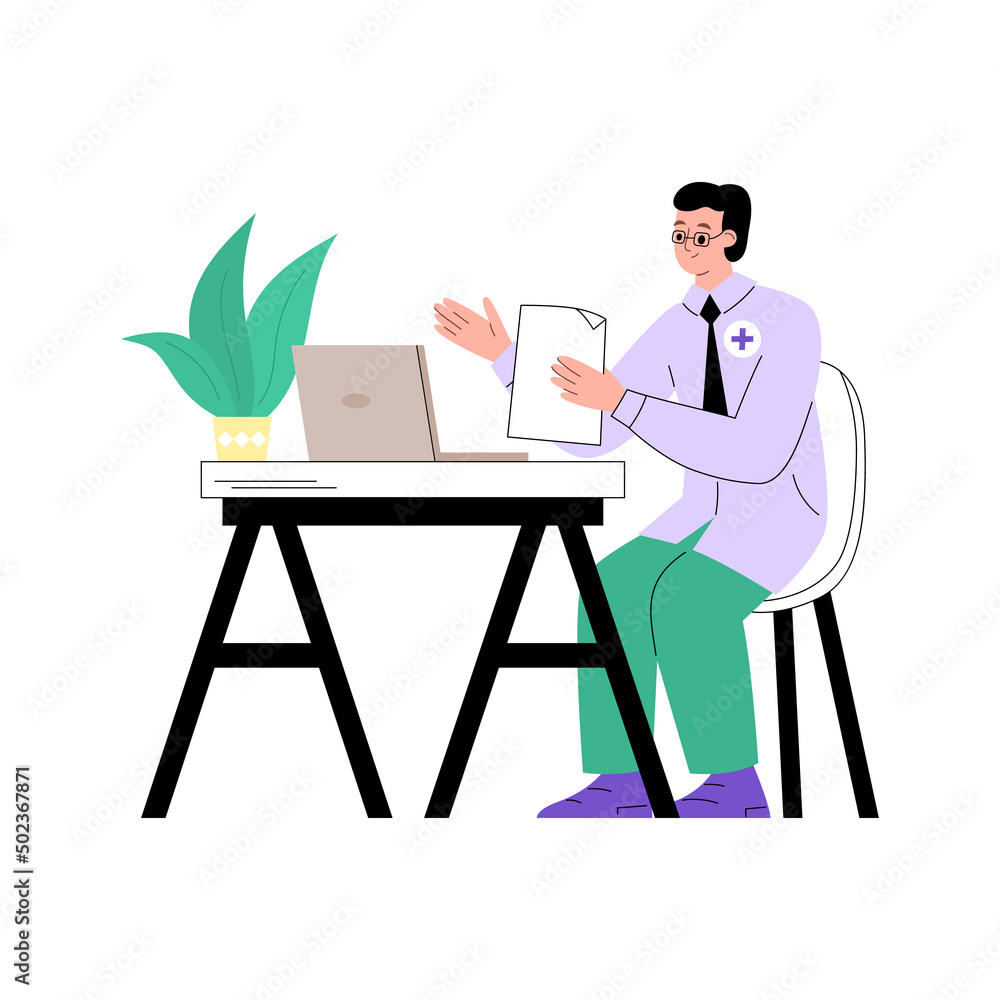 Fototapeta premium Therapist or medical specialist uses a laptop in work, flat vector isolated.