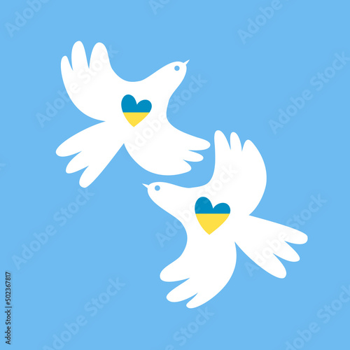 Doves of peace with Ukrainian flag hearts. Stop the war in Ukraine. A symbol of peace. Flat design. Vector illustration. Isolated on blue background.