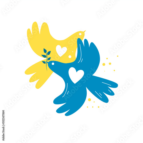 Doves of peace with Ukrainian flag hearts. Stop the war in Ukraine. A symbol of peace. Flat design. Vector illustration. Isolated on a white background.