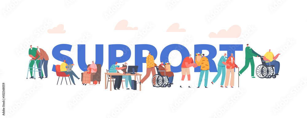 Support to Seniors Concept. Volunteers Characters Help to Old Disabled People. Read Newspaper, Walk on Wheelchair Support to Seniors Concept. Volunteers Characters Help to Old Disabled People. Read Newspaper, Walk on Wheelchair