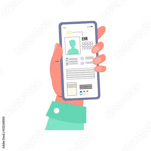 Hand holds smartphone with electronic health records on screen, flat vector illustration isolated on white background.