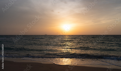 beautiful sundown sky with waves on sea water © be free