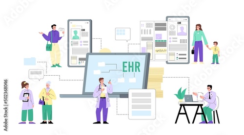 Electronic health records infographic with laptop and smartphones, flat vector illustration on white background.