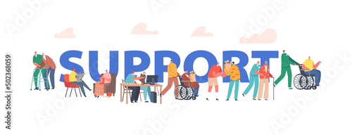 Support to Seniors Concept. Volunteers Characters Help to Old Disabled People. Read Newspaper, Walk on Wheelchair