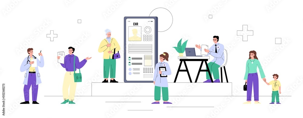 Doctors and patients with concept of electronic health records, flat vector illustration on white background.