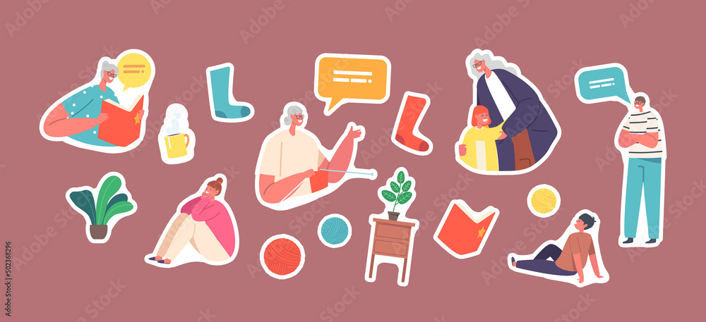 Set of Stickers Children Visit Grandmother. Granny Reading Book, Knit Socks and Hugging with Grandchildren