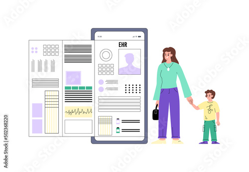 Family of mother and child next to phone with EHR, vector illustration isolated.