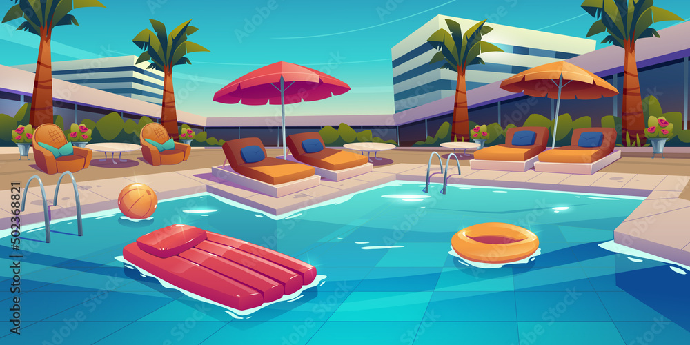 Luxury resort hotel and swimming pool. Vector cartoon illustration of tropical landscape with building, palm trees, lounge chairs, umbrellas on poolside, inflatable ring, raft and ball in water