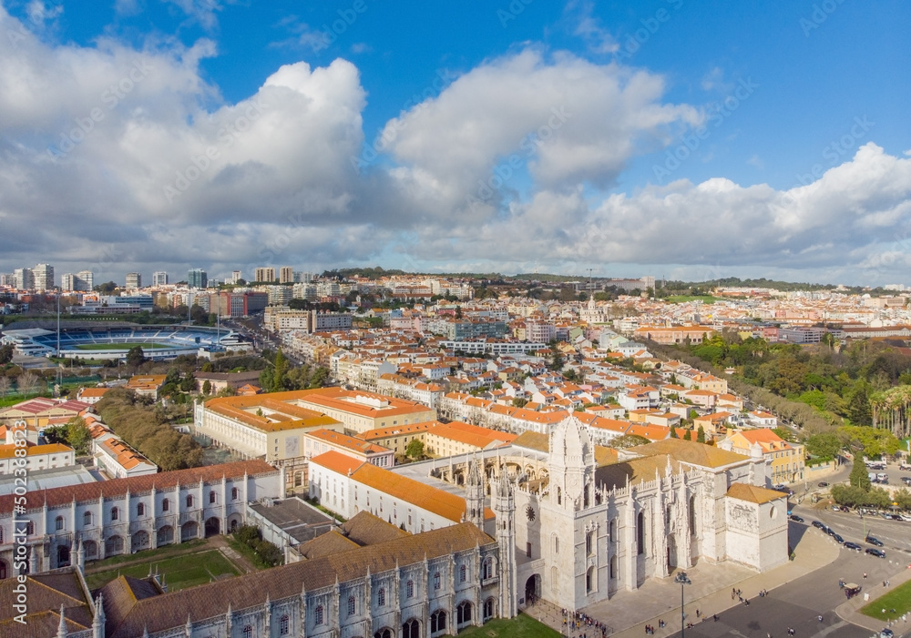 Aerial drone view of historic monastery Mosteiro dos Jeronimos Lisbon Portugal