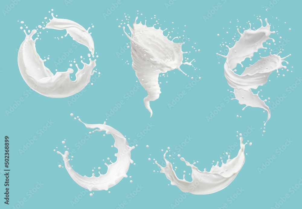 Realistic milk tornado, whirlwind and swirl splashes with splatters. Vector hurricane, wave or spiral with drops, liquid milky or creamy flow streams. Dairy fresh product 3d isolated elements set - obrazy, fototapety, plakaty 