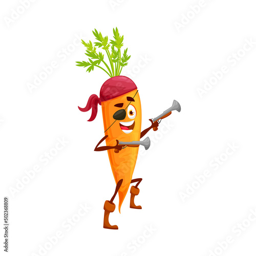 Pirate emoticon carrot in bandana with leaves isolated healthy vegetable cartoon character with pair of shotguns. Vector vegetarian food, ripe farm corsair buccaneer captain with eye patch