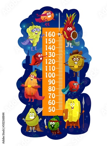 Kids height chart with cartoon fruits superheroes, vector growth measure meter. Baby tall size ruler with cartoon super hero characters papaya, pitaya and cherry fruits as guardians and defenders