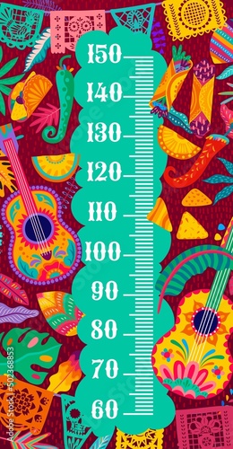 Mexican food and music guitars and papel picado flags, vector kids height chart. Kid measure scale or baby height ruler with Mexican fiesta guitars, chili pepper and nachos or burrito and tacos