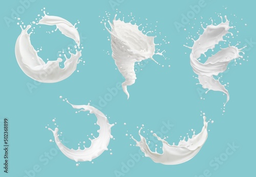 Realistic milk tornado, whirlwind and swirl splashes with splatters. Vector hurricane, wave or spiral with drops, liquid milky or creamy flow streams. Dairy fresh product 3d isolated elements set