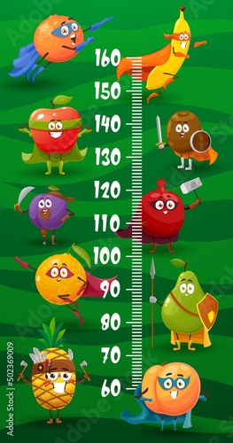 Kids height chart, cartoon superhero and defenders fruit characters growth measure ruler. Vector scale with orange, banana, apple and kiwi, garnet, plum, pear and mandarin, peach, pineapple personages
