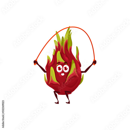 Cartoon pitahaya or dragon fruit character. Vector sportsman jumping with rope, funny personage doing sport exercises. Isolated healthy food athlet, sports lifestyle, organic nutrition