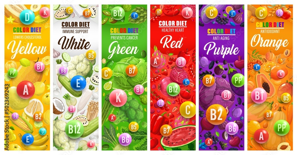 Color rainbow diet vector banners. Vitamins, fruits and vegetables of ...