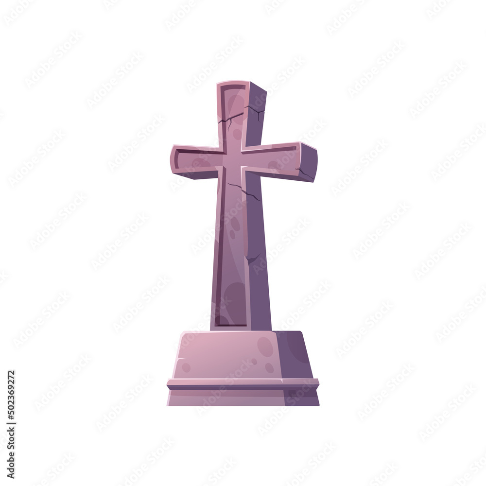 Tombstone and cross icon, grave stone Halloween symbol isolated cartoon cemetery and graveyard sign. Vector headstone, mooring marker, mystery buried place. Burial tombstone with cross, funeral grief